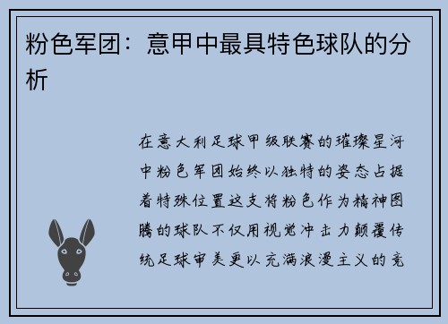 粉色军团：意甲中最具特色球队的分析